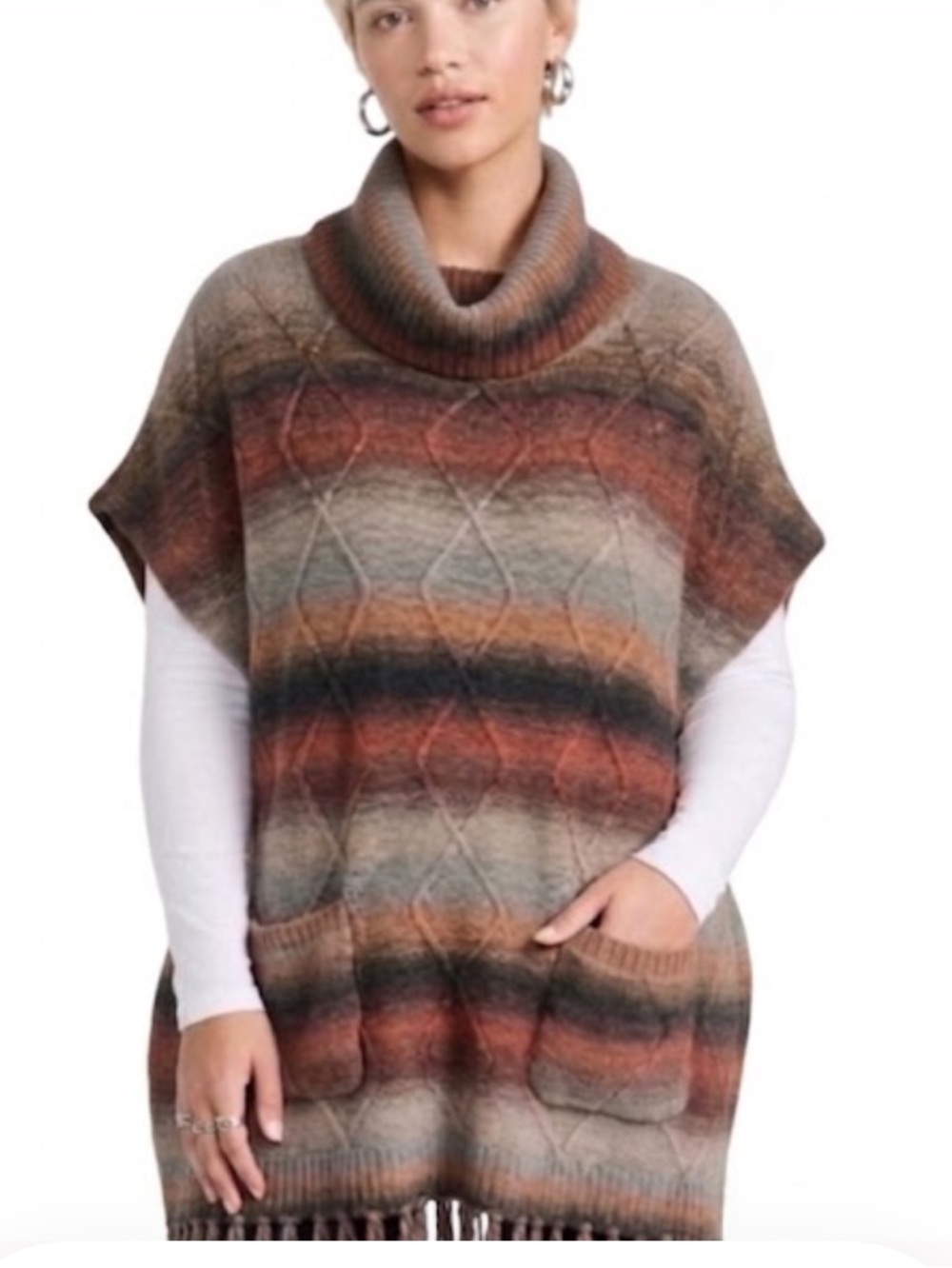 Southwestern Poncho Fringed Cowl Neck Oversized Pullover S #Cowboy #Western